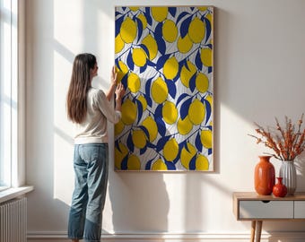 Lemon Pattern Wall Art – Blue & Yellow Citrus Print, Mediterranean Decor