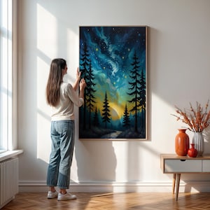 Verzauberter Wald Nachthimmel Wandkunst, mystische Landschaft Druck, Sternenbaum Poster, Natur inspiriertes Kunstwerk, verträumtes Wohndekor, einzigartiges Geschenk