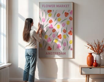 Flower Market Amsterdam Poster, Colorful Tulip Wall Art Print, Pastel Floral Travel Poster For Living Room Or Kitchen, Gift For Her