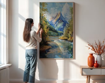 Mountain Lake Wall Art,  Nature Landscape Canvas,  Serene Forest Painting,  Rustic Cabin Decor,  Outdoor Scenery Wall Print