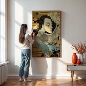Surreal Woman With Wings Art Print, Mythical Fantasy Drawing In Neutral Gold Tones, Dreamy Wall Art For Bedroom Or Study, Framed Or Unframed