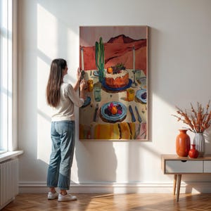 Lebendiger Esszimmer Wand Kunst Druck - Gerahmtes Kaktus und Obst Kuchen Tisch Szene Poster für Küchendekoration oder mediterran inspirierten Frühstücksraum