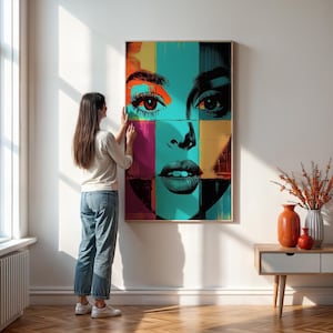 Pop Art Woman Face Print, Modern Abstract Portrait Wall Art, Bold Color Block Canvas, Framed Retro Female Art, Unique Gift for Her
