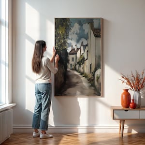 Rustic Village Street Wall Art Print, European Countryside Painting For Living Room Or Entryway Decor, Cozy Vintage Style,Framed Or Unframed