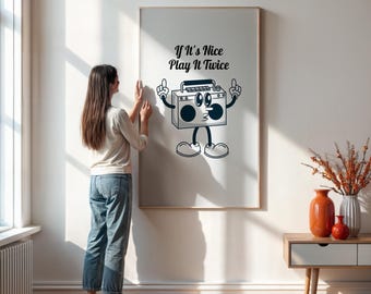 If It’s Nice Play It Twice Poster, Retro Music Wall Art With Boombox, Funny Black And White Print For Game Room Or Studio Decor Gift