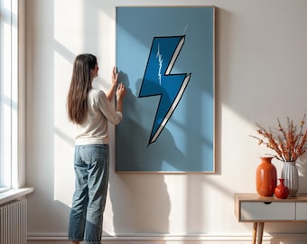 Blue Lightning Bolt Wall Art, Minimalist Electric Pop Print