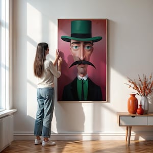 May include: A woman hangs a framed illustration of a man with a green hat and a large mustache on a white wall. The man is wearing a black suit and a green tie. The background of the illustration is pink.