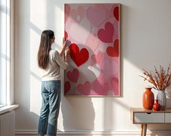 Pink And Red Heart Wall Art Print, Whimsical Valentine’s Day Decor, Cute Romantic Poster For Girls Room Or Bedroom, Framed Or Unframed