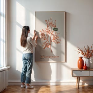 Art mural dessin au trait eucalyptus, imprimé floral botanique en rouge terre cuite, affiche végétale minimaliste, art mural encadré ou non, cadeau unique