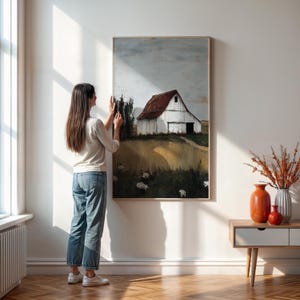 Rustic Barn Landscape Wall Art, Vintage Farmhouse Country Decor Print, Minimalist Rural Field Painting, Cozy Wall Poster Gift For Him Her