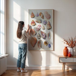 Impresión de arte mural de conchas marinas de colores, decoración de casa de playa costera, pintura de conchas para sala de estar o baño, arte oceánico, con o sin marco