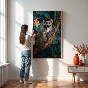 Arte de vida silvestre vibrante para el hogar, póster de mono de la selva en una rama, impresión de arte mural de animales tropicales, póster de retrato de mono inspirado en la naturaleza