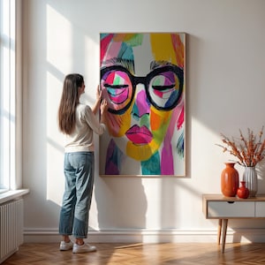 Colorful Woman with Glasses Poster, Modern Brushstroke Portrait, Expressive Contemporary Home Art, Abstract Face Art Print
