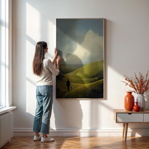 Man Walking Dog Landscape Wall Art Print, Peaceful Countryside Painting With Green Hills For Living Room Or Hallway Decor,Framed Or Unframed