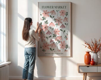 Flower Market Print, Pink Daisies Botanical Art, Cottagecore Decor