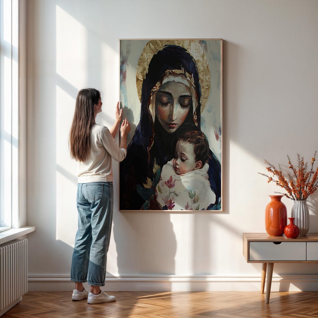 Virgin Mary and Baby Jesus Wall Art, Catholic Mother and Child Painting ...