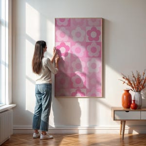 Arte de pared retro con flores rosas, póster con estampado floral moderno, estampado estético de los años 70 para habitación de adolescente, decoración bohemia para dormitorio o dormitorio.