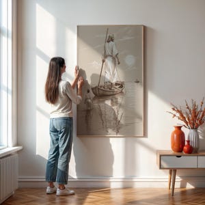 Religious Wall Art Print With Jesus And Child On Shore, Spiritual Christian Illustration For Faith Based Home Decor, Framed Or Unframed