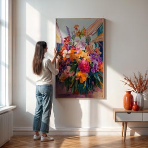 Bunter Blumen-Wand-Kunstdruck - gerahmtes Botanisches Garten-Blumenstrauß-Gemälde für helles Innendekor und fröhlichen Natur-inspirierten Wandstil