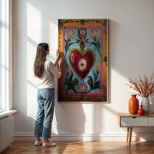 Vintage Herz Wand-Kunstdruck, botanisches Herz-Dekor, Sacred Heart Blumenplakat, religiös inspirierte Hauskunst, romantisches Liebes-Plakat