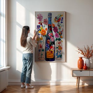 Champagner Flasche Floral Art Print, Buntes Feier Poster, Küche Bar Wand Dekor, Lebendige Blumen Illustration, Feier Wand Dekor