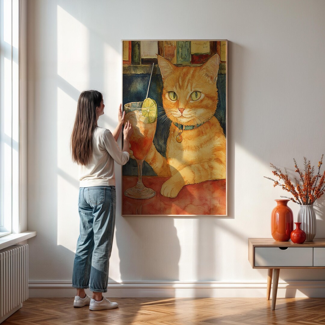 Orange Cat Cocktail Wall Art – Framed Funny Bar Print Featuring Cool ...