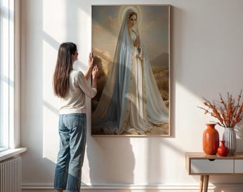 Elegant Virgin Mary Wall Art Print With Blue And Cream Robes, Peaceful Catholic Decor For Altar Or Prayer Room, Framed Or Unframed