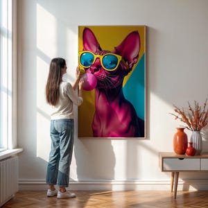 Coole sphynx-kat kunst aan de muur, grappige haarloze kat poster, popart dierenprint, zonnebril muur decor, bubblegum kitty poster, kleurrijke huisdier kunst