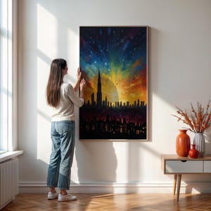 Impresión vibrante del horizonte de la ciudad, póster de atardecer urbano enmarcado o sin marco, arte mural de arquitectura moderna, pintura de paisaje nocturno colorido, regalo único