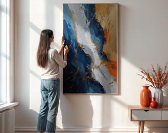 Abstract Blue Gold Wall Art Print, Luxury Navy White Marble Texture Poster, Modern Abstract Painting For Living Room Office Decor