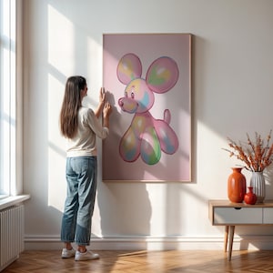 Pastel Balloon Dog Wall Art Print In Pink Background, Cute Playful Animal Illustration For Nursery Room, Kids Birthday Or Playroom Decor