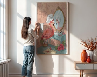 Flamingo Bathroom Wall Art Print – Funny Tropical Animal Poster for Kids or Adult Washroom Decor, Pink Spa Bird Illustration Artwork