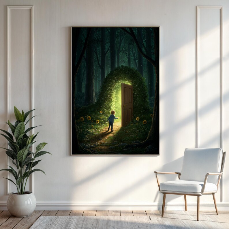 Magical Forest Doorway Wall Art Print – Surreal Fantasy Poster of Child ...