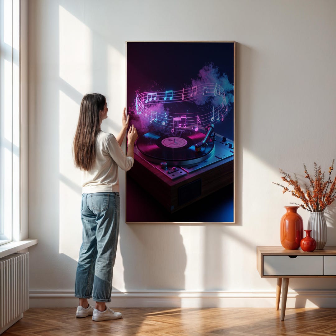 Retro Vinyl Record Player Wall Art Print Neon Music Poster With ...