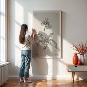 Botanische Linie Zeichnung Wandkunst, minimalistisches Blumenplakat in grüner Tinte, einzigartiges Geschenk, Skizzenstil Naturdruck für moderne oder Boho-Raumdekoration