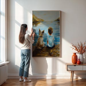 Boy and Dog by the Lake Wall Art,  Heartwarming Pet Friendship Print for Kids Room, Nursery - Cozy Family Wall Decor - Framed or Unframed