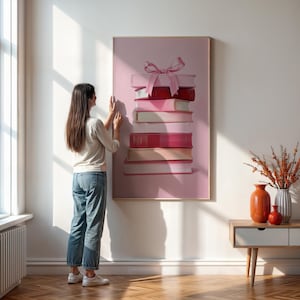 Pink Book Stack Art Print With Bow, Romantic Feminine Wall Decor For Girls Room Or Study, Gift For Book Lovers, Framed Or Unframed