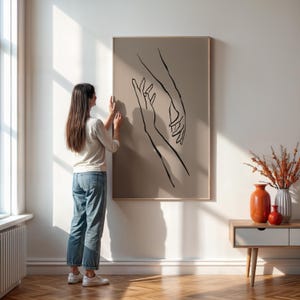 Minimalist Line Art Hand Drawing Print, Modern Abstract Poster Of Hands, Romantic Wall Art For Bedroom Or Gift For Couple Or Anniversary