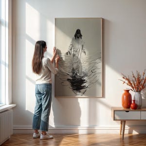 Jesus Walking on Water Canvas Wall Art,  Minimalist Black and White Christian Religious Painting, Modern Faith Home Decor Framed or Unframed