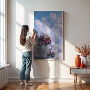 Lámina de pared de scooter con flores y nubes de colores, póster surrealista de ensueño para dormitorio o habitación de niña, con o sin marco.
