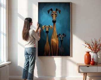 Whimsical Dog Wall Art Print, Funny Greyhound Trio Canvas,Quirky Animal Portrait,Framed or Unframed Poster for Playful Home and Office Decor