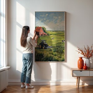Modern Farm Life Wall Art, Tractor - Barn Country Landscape Wall Art, Green Pasture Canvas,  Farmhouse Wall Art, Framed or Unframed Wall Art