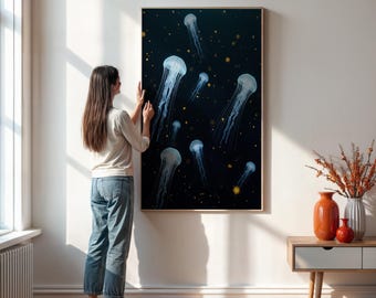 Jellyfish Wall Art Print, Glowing Marine Illustration, Framed Ocean Decor