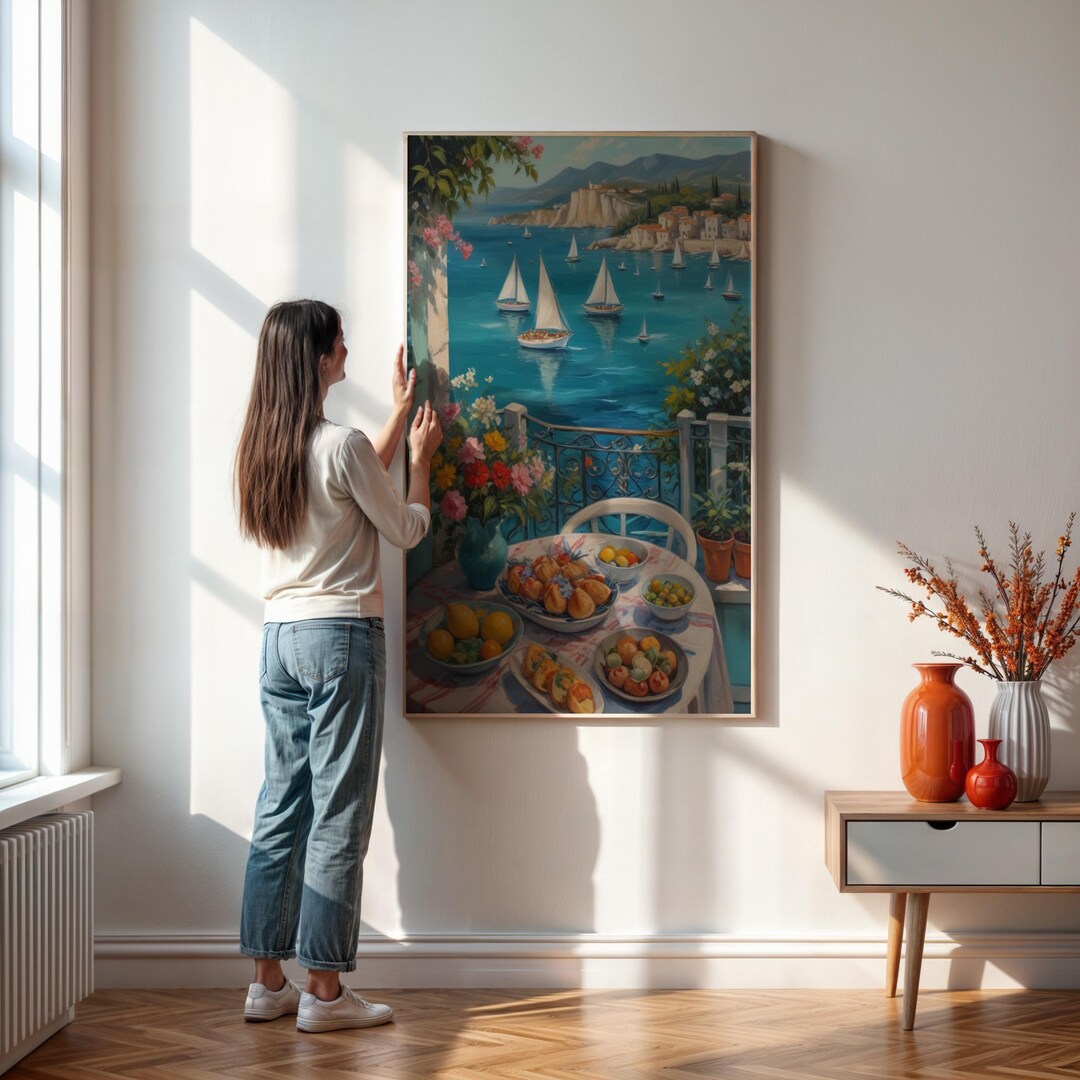 set of three mediterranean kitchen prints | framed... Mediterranean Breakfast Wall Art Print With Ocean View and Sailboats ...
