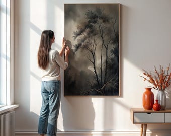 Moody Forest Wall Art Print, Atmospheric Woodland Tree Painting