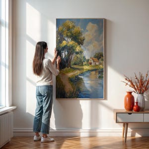 Cottage am See Wand Kunst Druck, ruhige Landschaft Natur Malerei, rustikale Wohnkultur für Wohnzimmer, gerahmtes oder ungerahmtes Poster