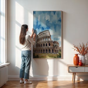 Rome Colosseum Wall Art Print, Framed or Unframed, Watercolor Italy Travel Poster,Historic Architecture Decor for Home and Office,Modern Art