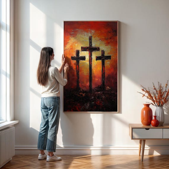 Calvary Crosses Painting, Dramatic Sunset Christian Wall Art - Etsy