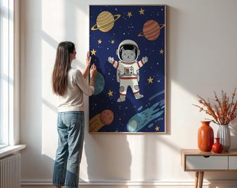 Astronaut Cat Framed Poster, Space Nursery Decor