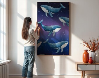 Galaxy Whale Poster, Cosmic Ocean Animal Wall Art, Watercolor Blue Whale Print, Celestial Sea Life Decor, Gift for Space and Ocean Lovers